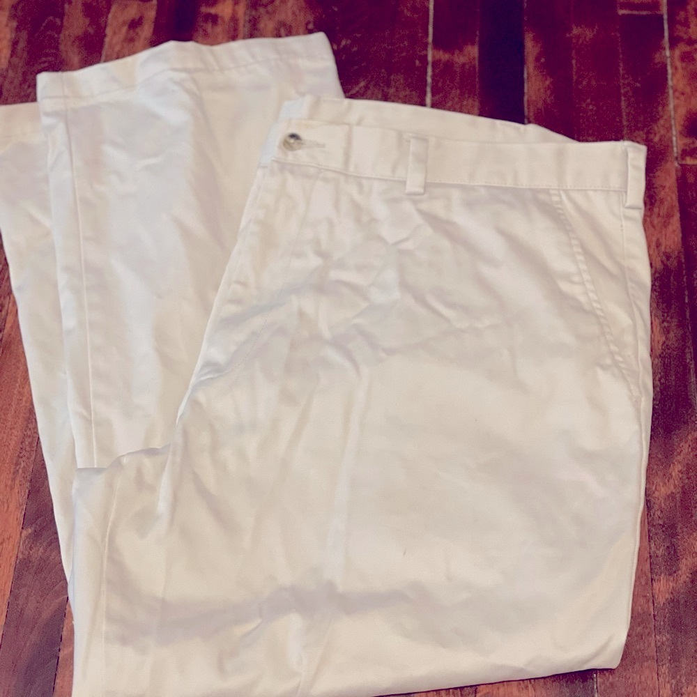 Men’s Tan Khakis, Cream Chinos with Relaxed Wide Leg Design, Pants Size 42x30
